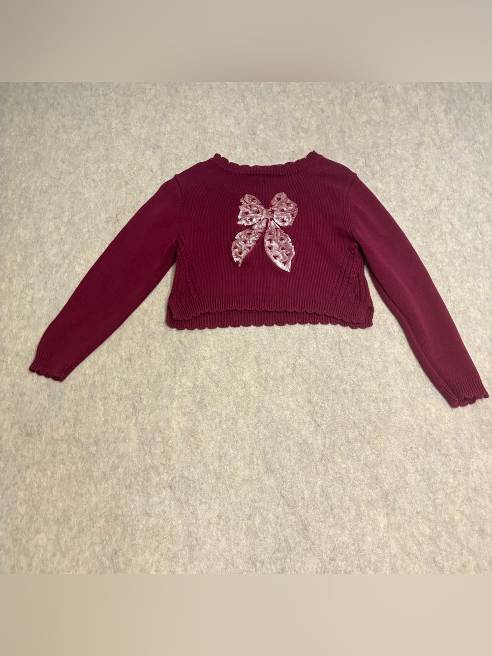 Rare Editions Burgundy Cropped Sweater with Bow Applique